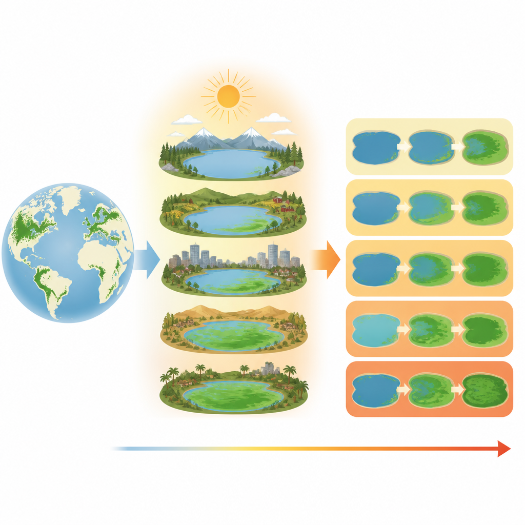 Figure 1. Cómo el clima y la actividad humana están haciendo que los lagos se vuelvan más verdes por las algas en todo el mundo.