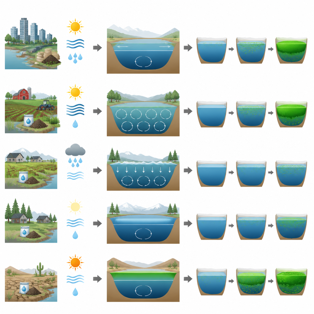 Figure 2. Cómo el calentamiento, el viento y la agricultura modifican cuándo aparecen las algas en los lagos y cuán intensas son las floraciones.