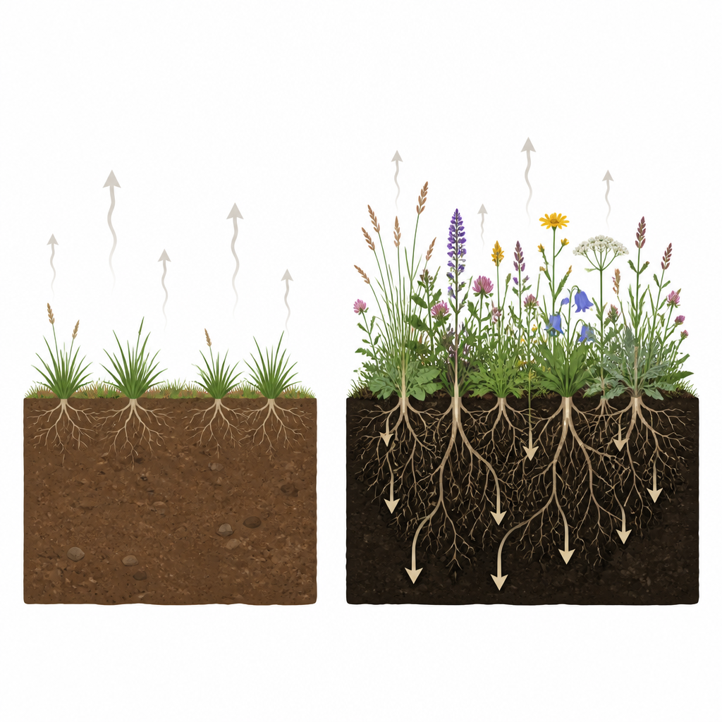 Figure 1. Wie eine größere Mischung von Graslandpflanzen hilft, langlebigeren Kohlenstoff im Boden zu binden.