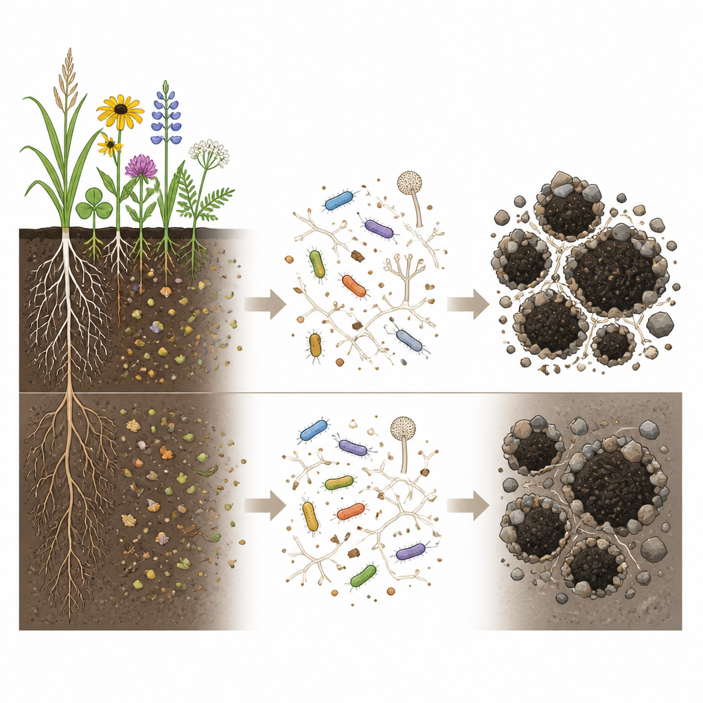 Figure 2. Wie Pflanzenwurzeln Mikroben ernähren, die Pflanzenmaterial in langlebigen Kohlenstoff umwandeln, der in Bodenschichten gespeichert wird.