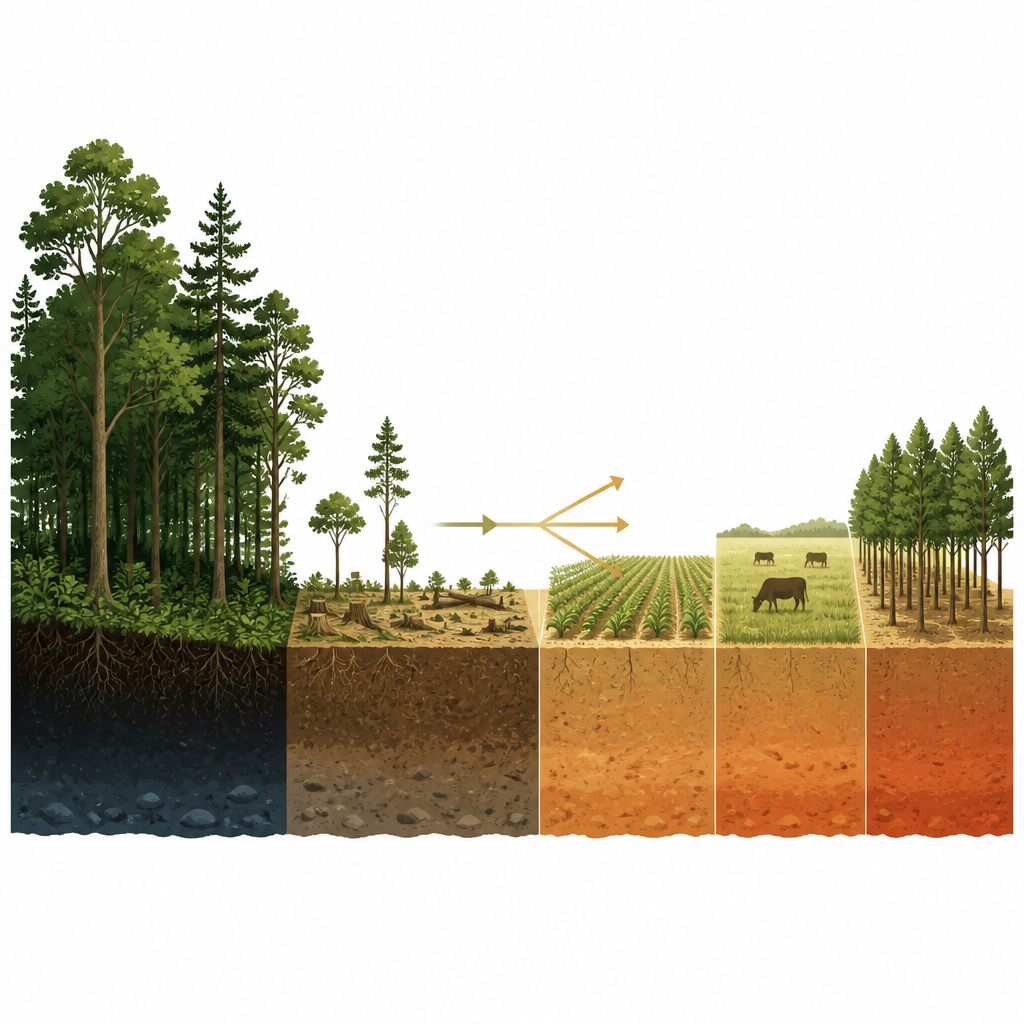 Figure 1. Come la trasformazione delle foreste naturali in campi o pascoli modifica, nel corso di decenni, il modo in cui i suoli rilasciano carbonio nell’atmosfera.