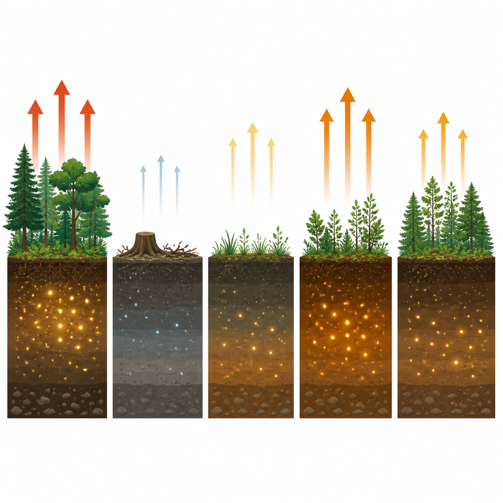 Figure 2. Una visione passo dopo passo di come il rilascio di carbonio dal suolo cala e poi si riprende, diventando più sensibile al riscaldamento dopo la conversione forestale.