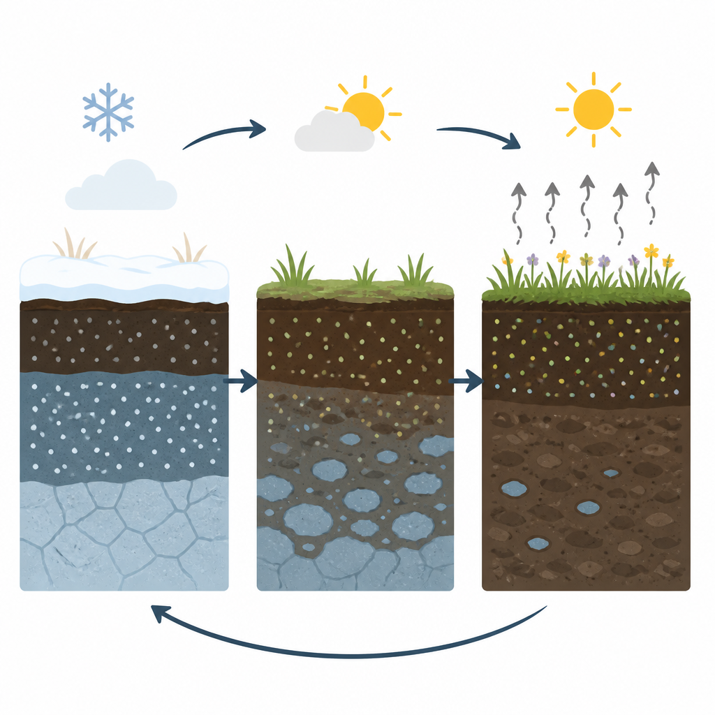 Figure 1. Wie Erwärmung und saisonales Gefrieren die Mikrobenaktivität und Kohlenstofffreisetzung in Hochgebirgs‑Graslandböden verändern.