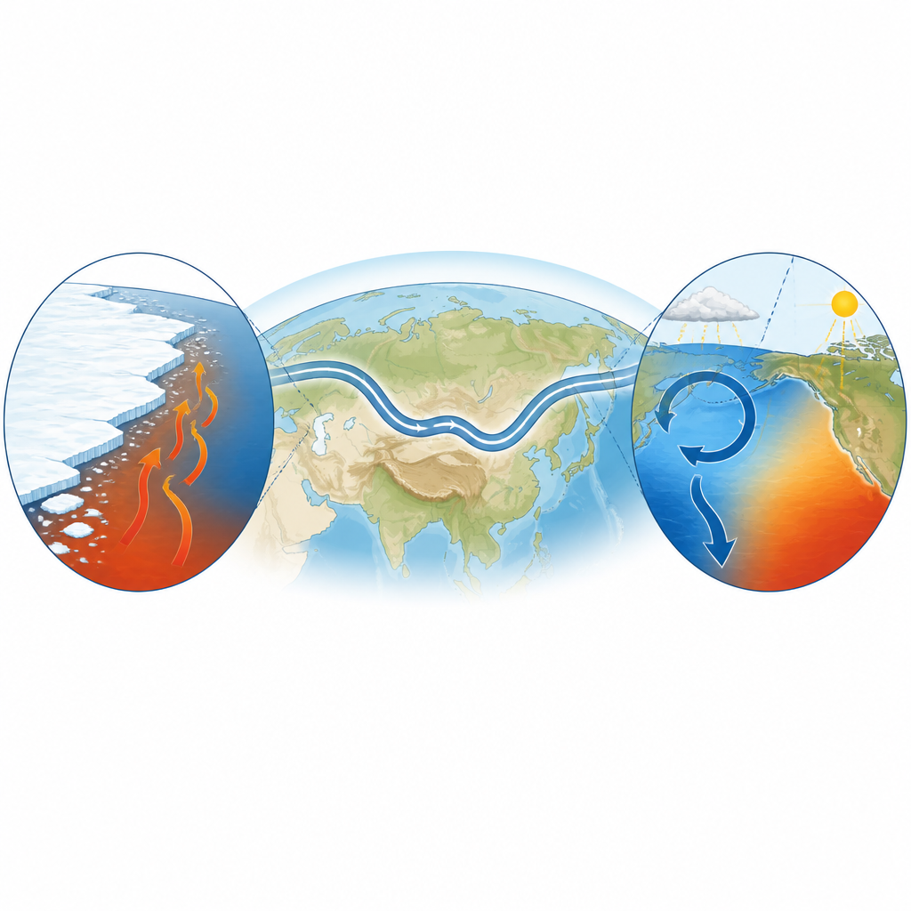 Figure 2. Come la perdita di ghiaccio marino antartico modifica i venti sull’Asia e raffredda l’Oceano Pacifico nord-occidentale