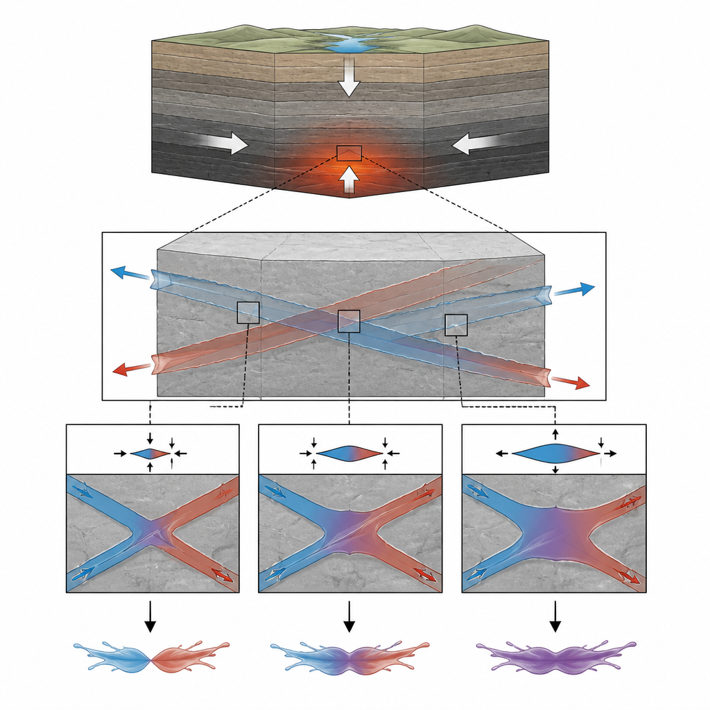 Figure 1. Druck im tiefen Gestein verändert, wie sich kreuzende Risse unterirdische Flüssigkeiten lenken und mischen.