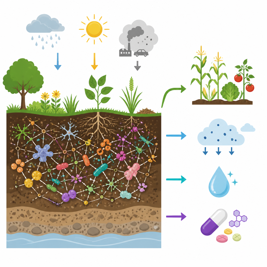 Figure 1. 土壤中隐秘的微生物构成了一个地下工厂,连接了环境、农作物、气候与健康。