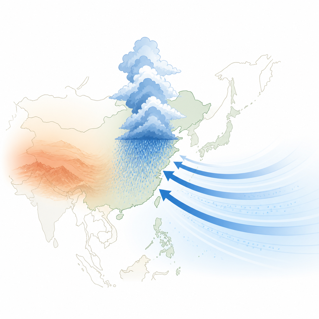 Figure 1. W jaki sposób wilgotne powietrze zasysane z oceanu zasila intensywne letnie deszcze nad wschodnimi Chinami.