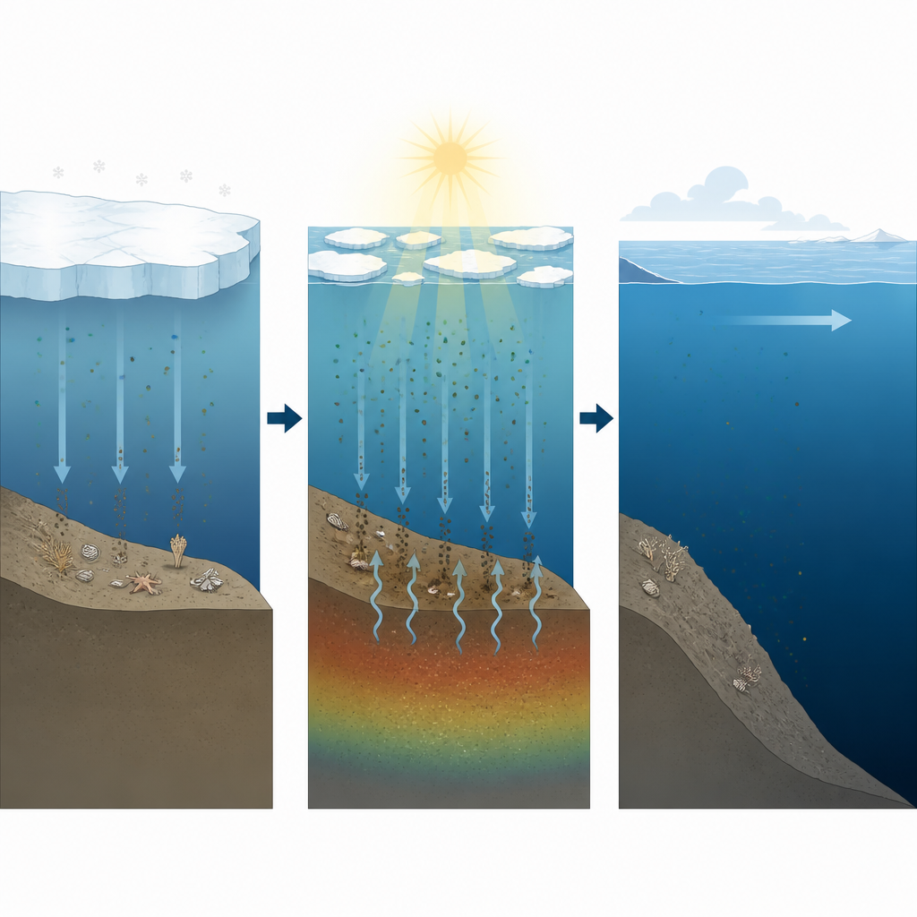 Figure 2. Cómo la pérdida de hielo marino incrementa la actividad en el lecho de las plataformas árticas, extrayendo nitrógeno del agua que luego fluye mar adentro.