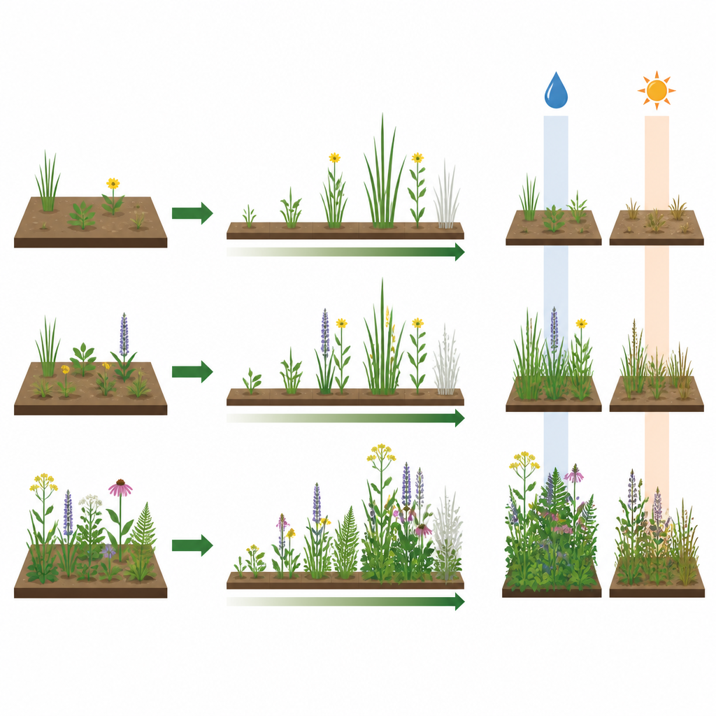 Figure 1. Come le comunità vegetali condividono uno spazio limitato mentre crescono in condizioni umide e aspre.
