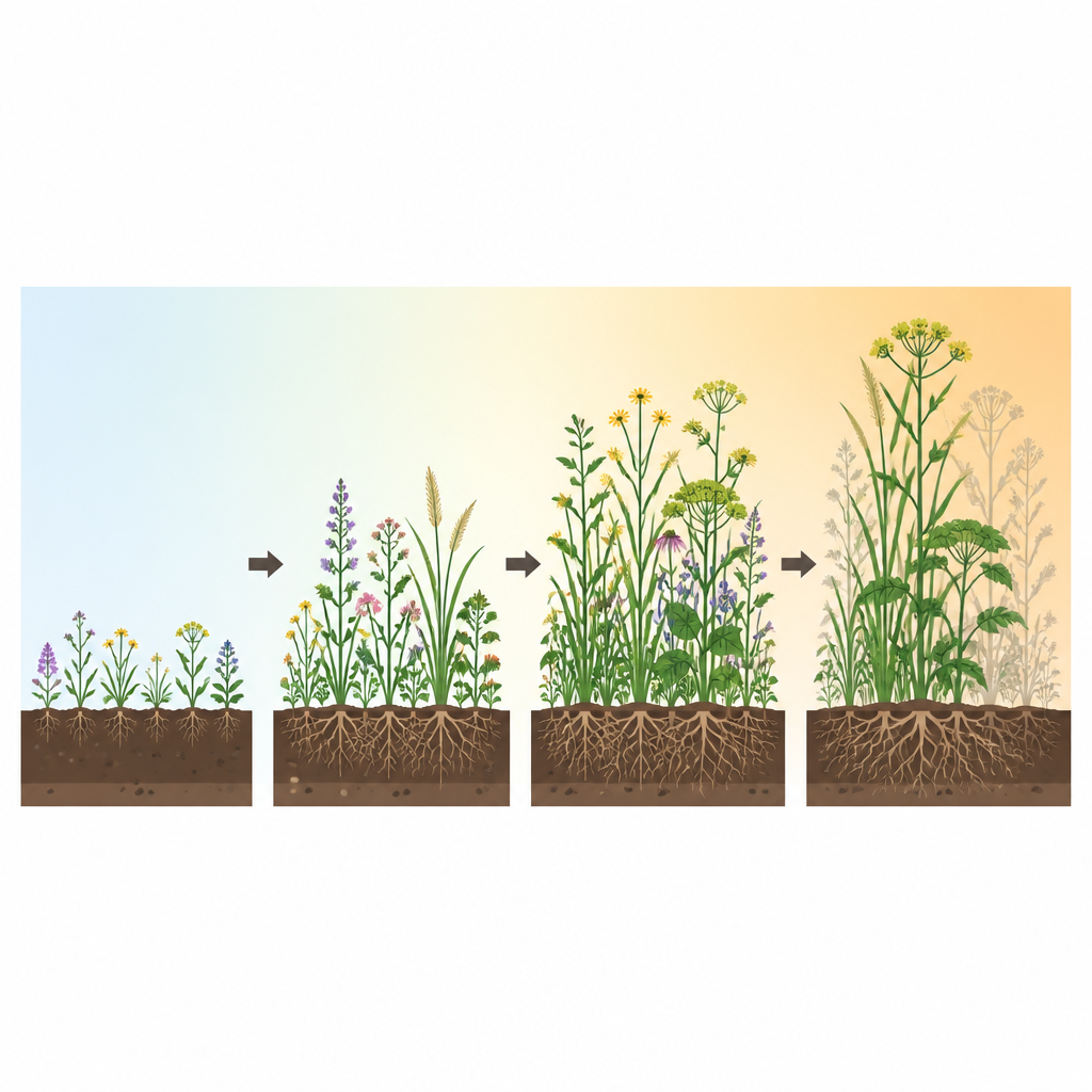 Figure 2. Come piante diverse occupano lo spazio nel tempo fino a quando l’affollamento provoca la scomparsa di alcune specie.
