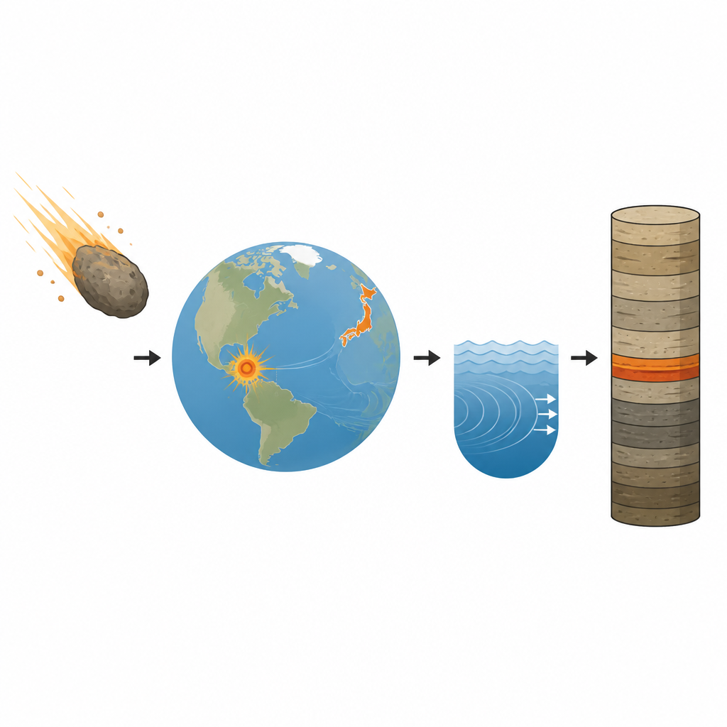 Figure 1. 一颗灭绝恐龙的小行星如何留下化学痕迹，今天仍可在日本海底岩石中被观测到。