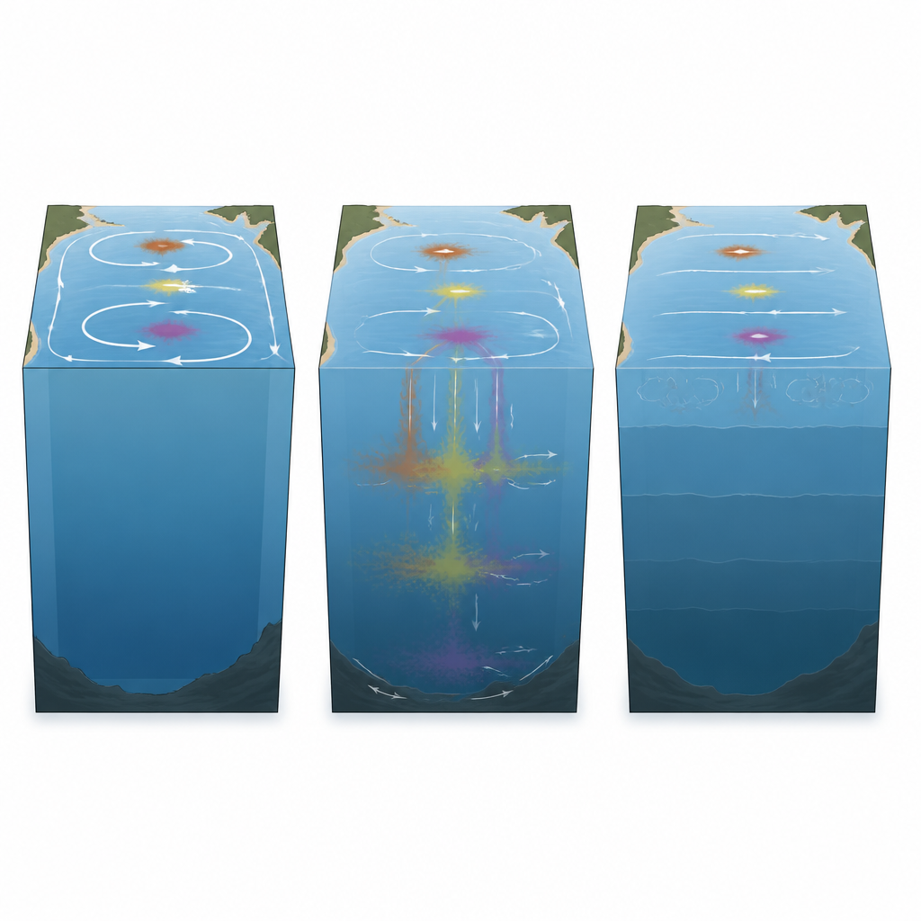 Figure 2. Step by step view of tracers sinking and spreading as ocean mixing patterns weaken in a warming Pacific.
