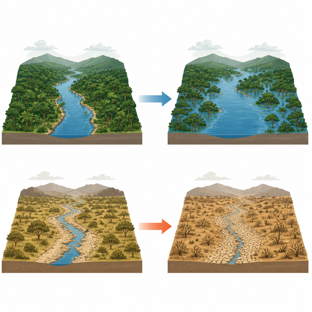 Figure 2. Wie die Hochwasser im feuchten Saisonverlauf im Amazonas ansteigen, während die Abflüsse in der Trockenzeit im La‑Plata‑Becken schrumpfen, obwohl die jährlichen Gesamtmengen ähnlich bleiben.