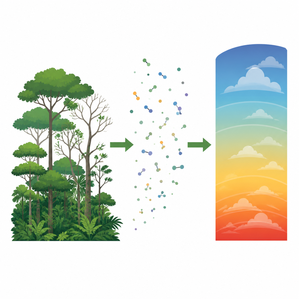 Figure 1. Hoe bladgewoonten van Amazonebomen en beschermende dampen de boslucht en het klimaat vormen