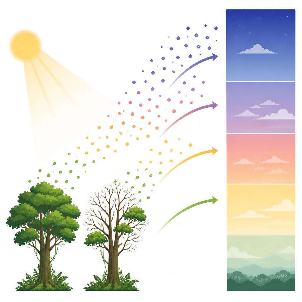 Figure 2. Hoe verschillende Amazonebomen warmtegestuurde dampen uitstoten die veranderen met hoogte en de bovenliggende lucht beïnvloeden