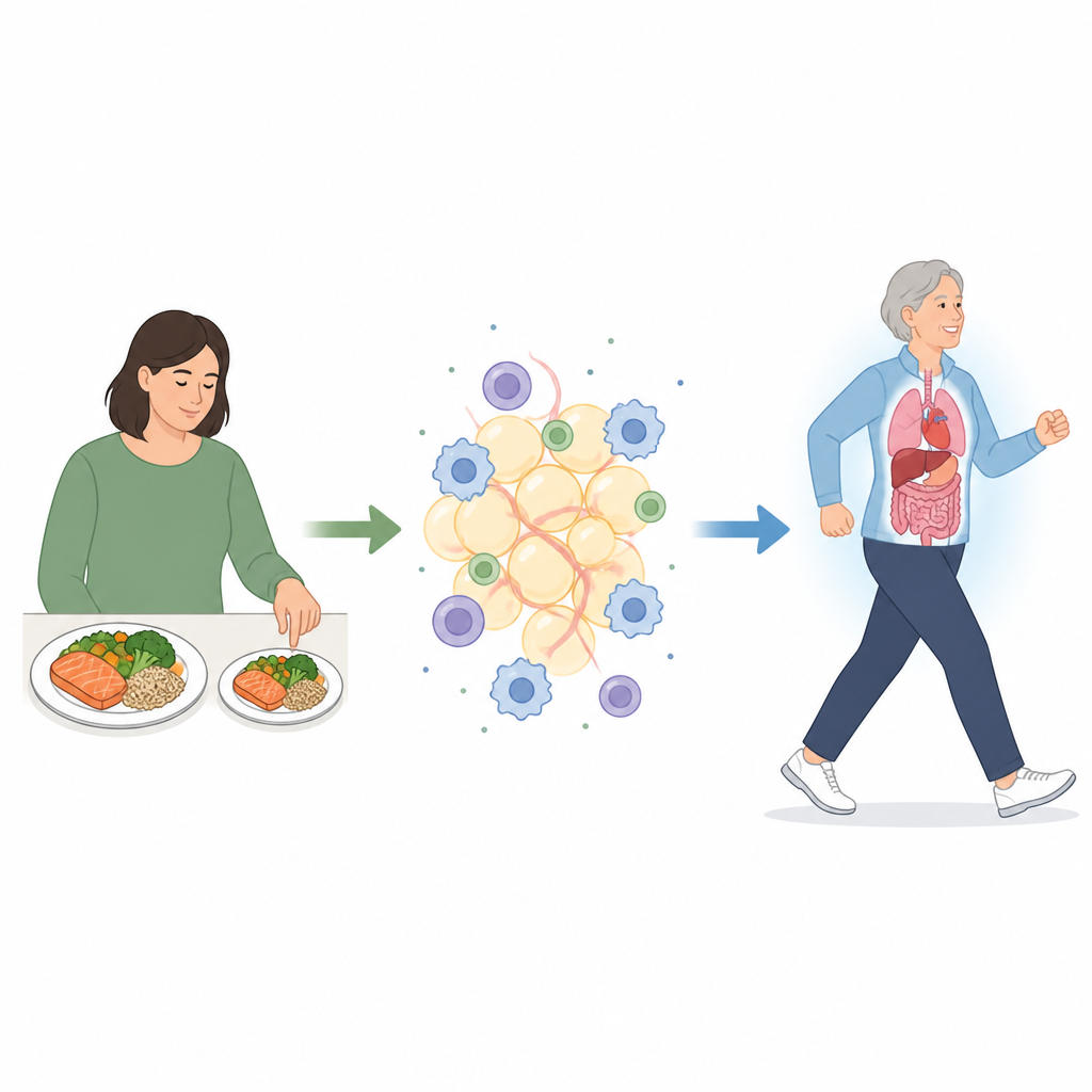 Figure 1. Mangiare un po’ meno può calmare l’infiammazione nel tessuto adiposo e favorire un invecchiamento più sano.