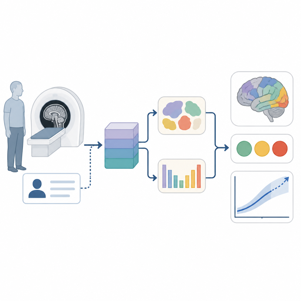 Figure 1. Single brain scan and basic info flow into an AI model that predicts diagnosis and future thinking ability in Alzheimer’s disease.