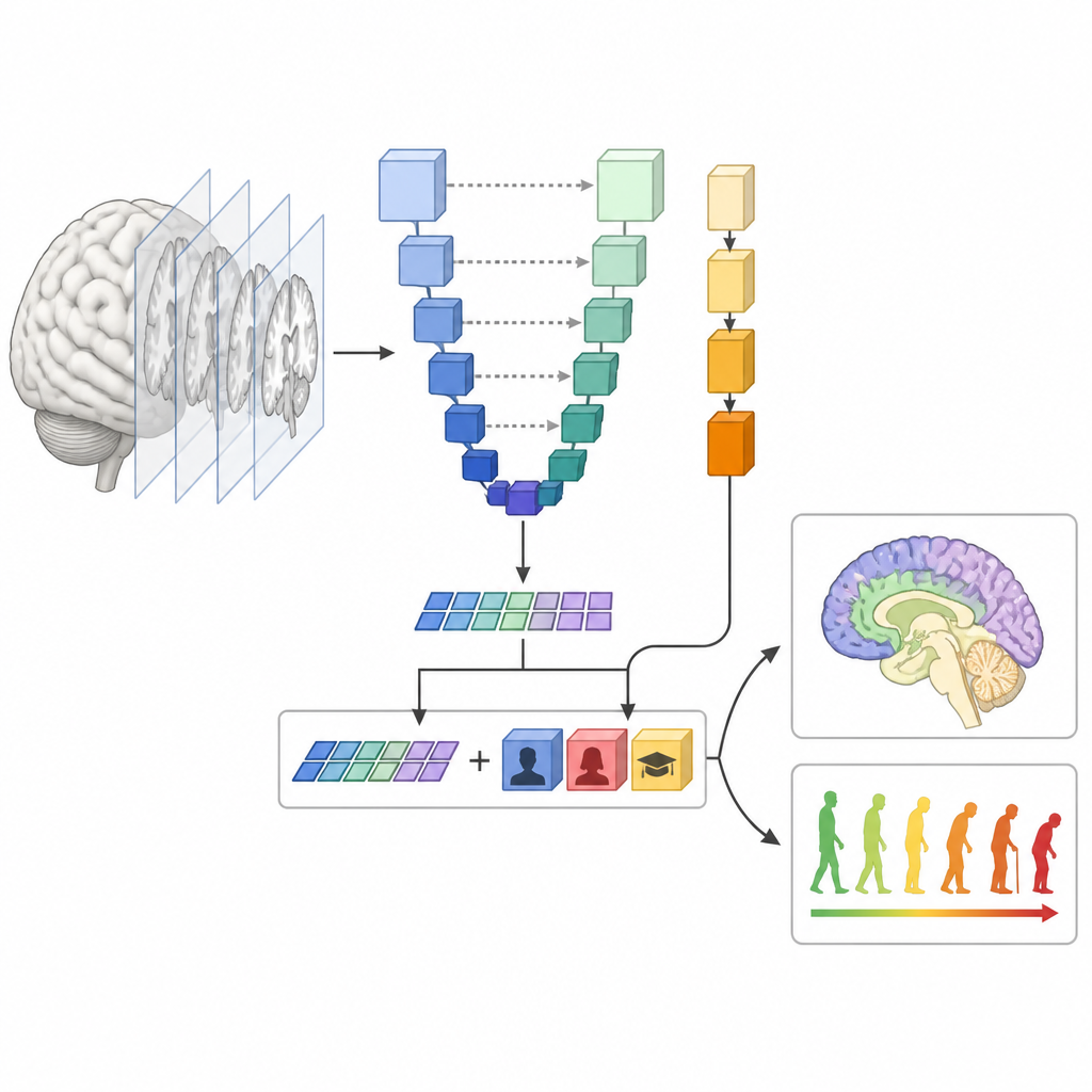 Figure 2. AI breaks a brain MRI into tissue patterns, combines them with age and education, and outputs disease stage and cognitive decline risk.