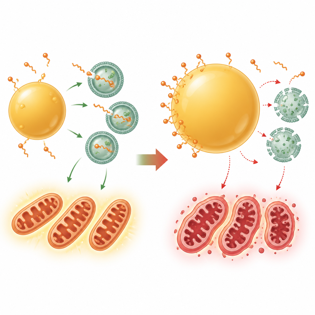 Figure 2. Hoe gebrekkige vetverwerking in peroxisomen leidt tot te grote vetdruppels en gestreste mitochondriën.