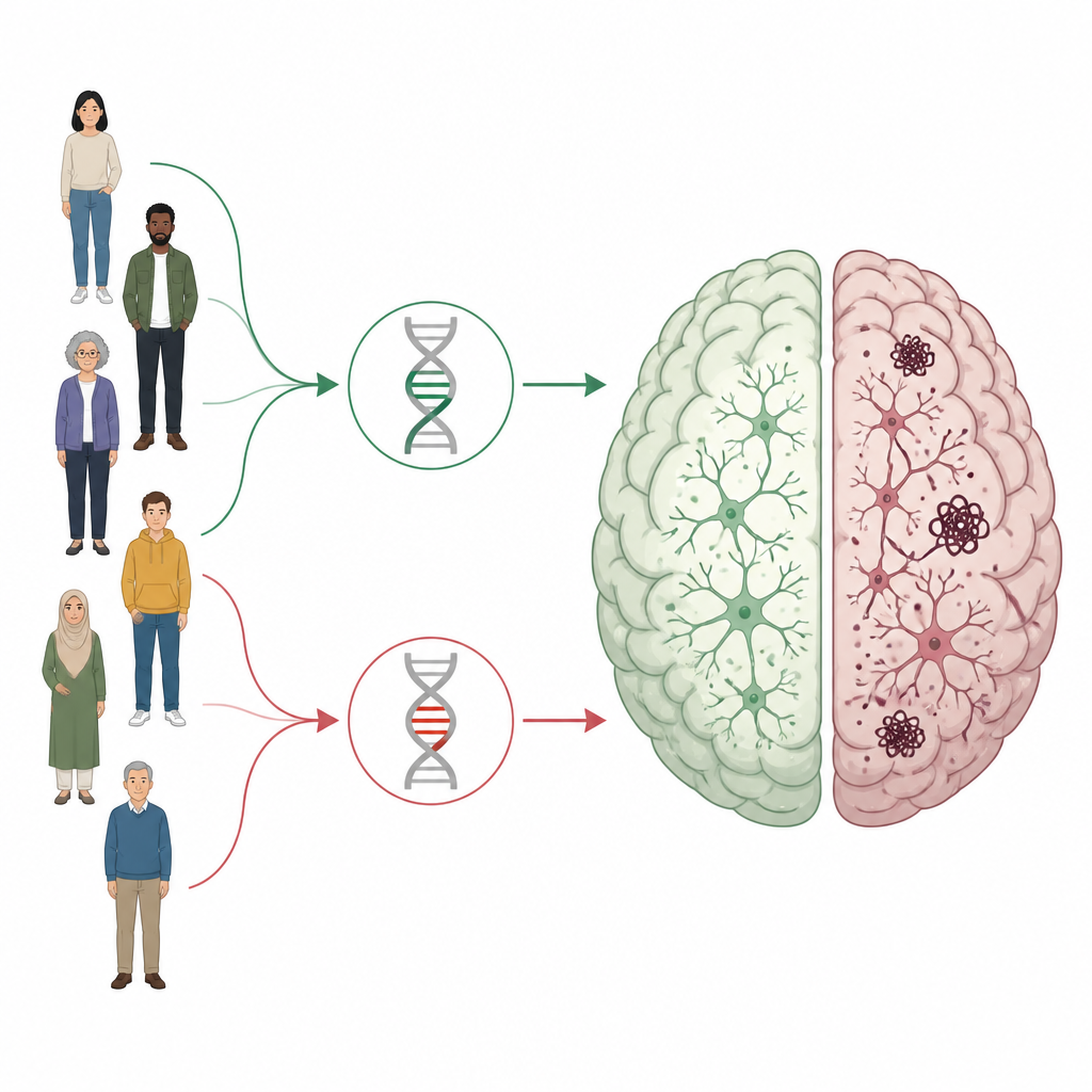 Figure 1. Diverse versioni di un unico gene che indirizzano le persone verso percorsi di invecchiamento cerebrale più sani o più vulnerabili.