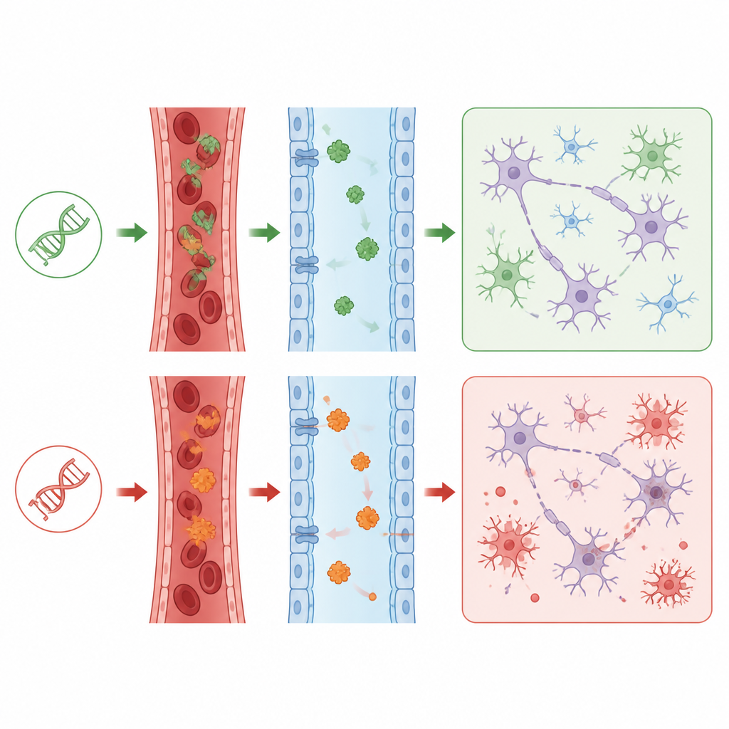 Figure 2. Cambiamenti guidati dal gene nelle proteine del sangue e dei liquidi cerebrali che, gradualmente, orientano le cellule cerebrali verso protezione o danno.