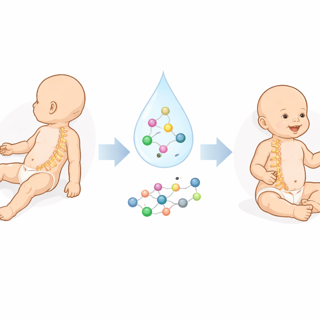 Figure 1. Hoe een natuurlijk hersen-ontspannend molecuul en een gentherapie-medicijn op elkaar inwerken bij spinale musculaire atrofie.