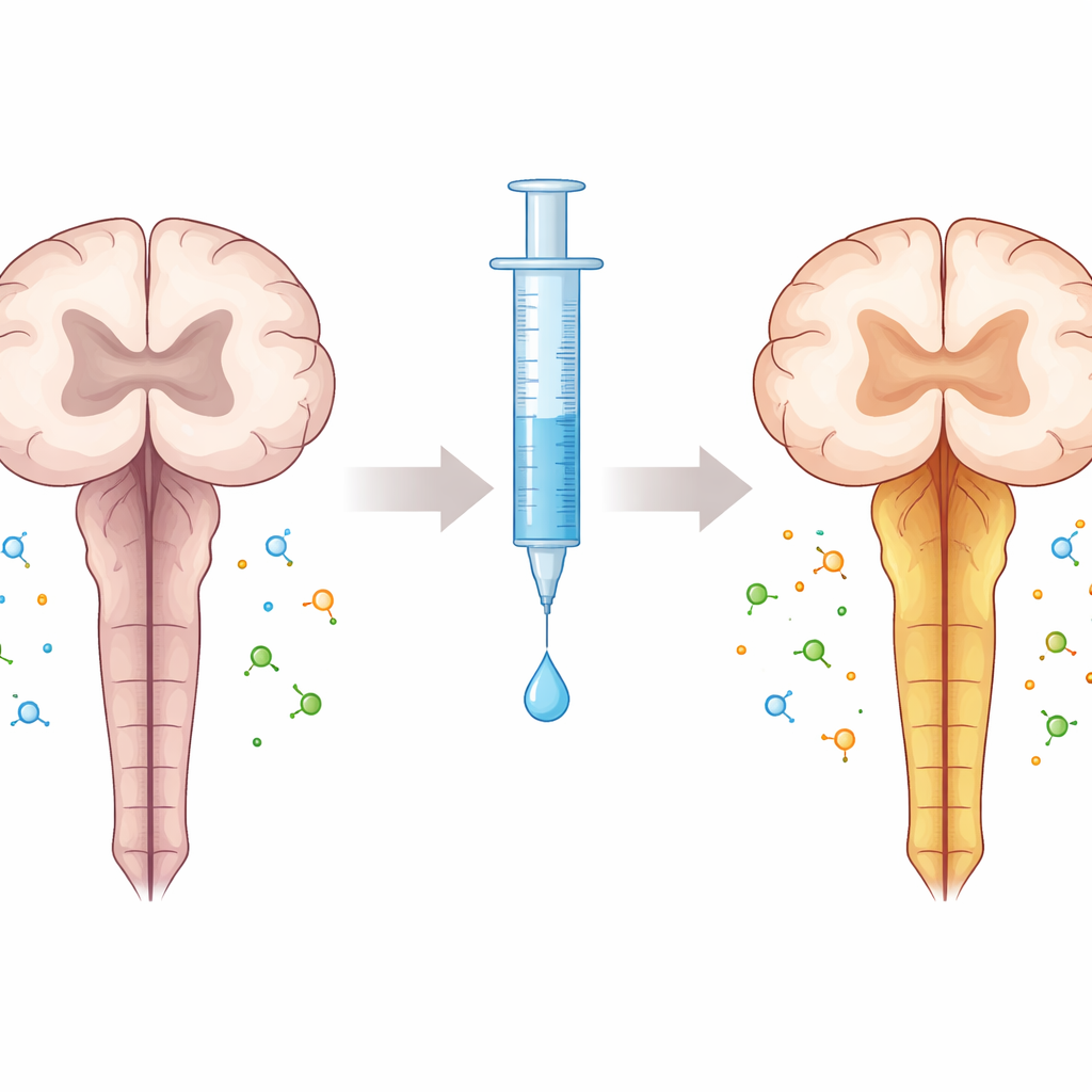 Figure 2. Medicijnbehandeling verschuift de hersenstam en het ruggenmerg van lage naar gebalanceerde niveaus van een kalmerend molecuul bij SMA.