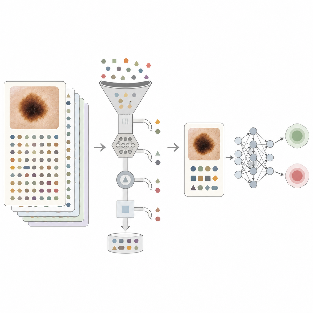 Figure 2. Come note cliniche disordinate vengono filtrate e unite alle immagini dei nei affinché un modello di IA possa valutare il rischio di cancro in modo più equo.