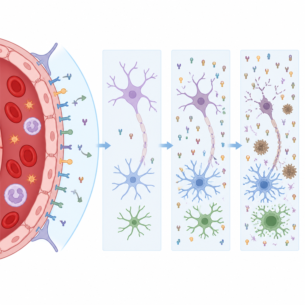Figure 2. How rising adhesion molecules at brain blood vessels may disturb nearby cells and relate to worsening Alzheimer’s changes