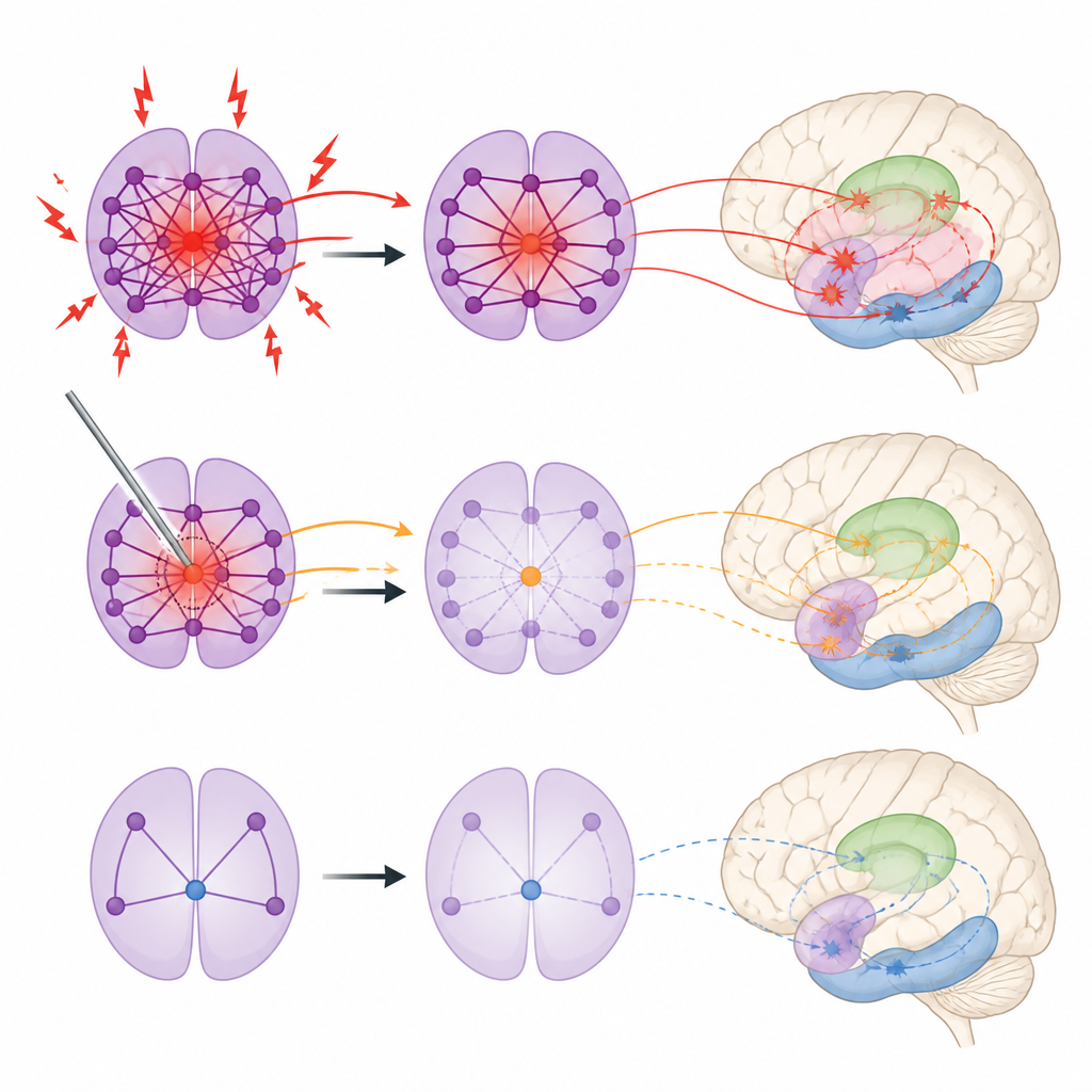 Figure 2. Wie Veränderungen in Thalamus‑Verschaltungen und -Aktivität den Anfallsverlauf sowie Gedächtnis und Sprache nach Epilepsieoperationen prägen.