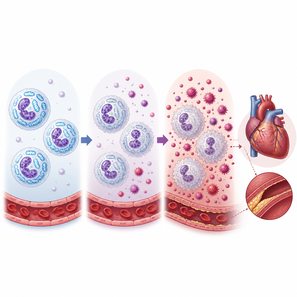 Figure 2. Gestufte Sicht auf den Verlust von Mitochondrien in weißen Blutkörperchen bei steigender Entzündung, die in Richtung kardiovaskulärer Schäden führt