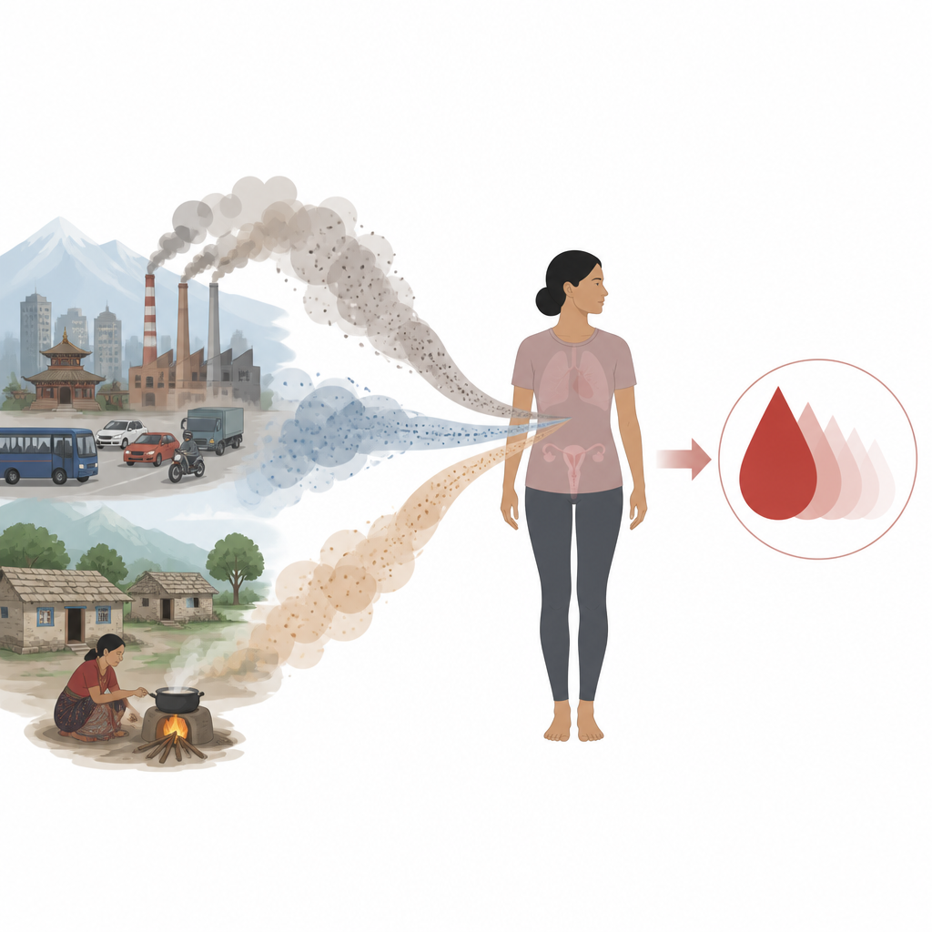 Figure 1. Dirty air from cities and homes flows to women and weakens the redness and strength of their blood.