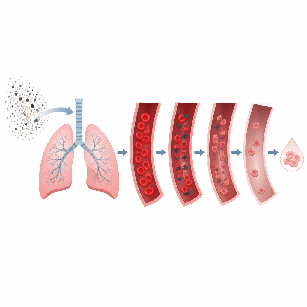 Figure 2. Breathing fine particles leads to stressed blood vessels where red blood cells become fewer, smaller, and paler over time.