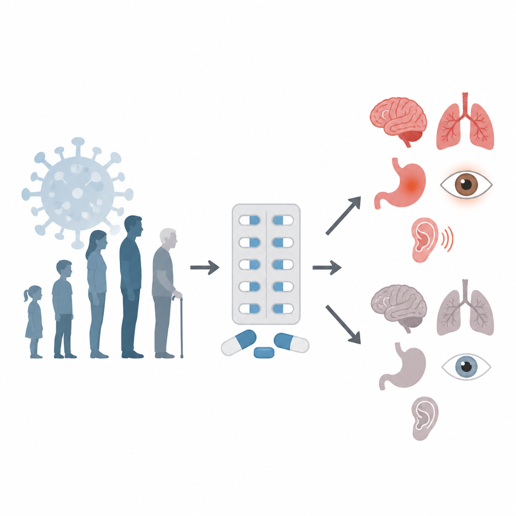 Figure 1. Wie ein antivirales Mittel während der akuten COVID-Infektion langfristige Gesundheitsrisiken in verschiedenen Organen und Altersgruppen verändern kann.