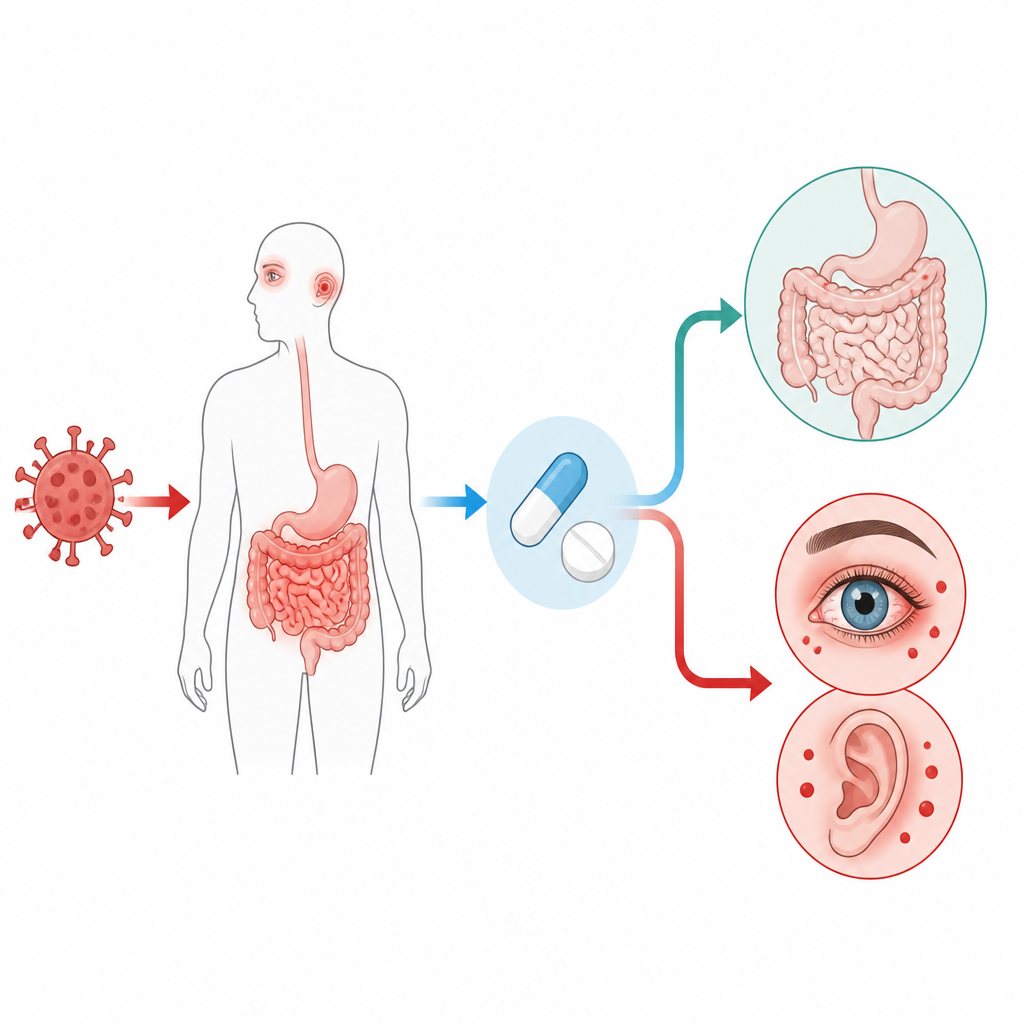 Figure 2. Wie Paxlovid langfristige Darmprobleme reduzieren, aber Augen- und Ohrenbeschwerden nach COVID durch organspezifische Effekte erhöhen kann.