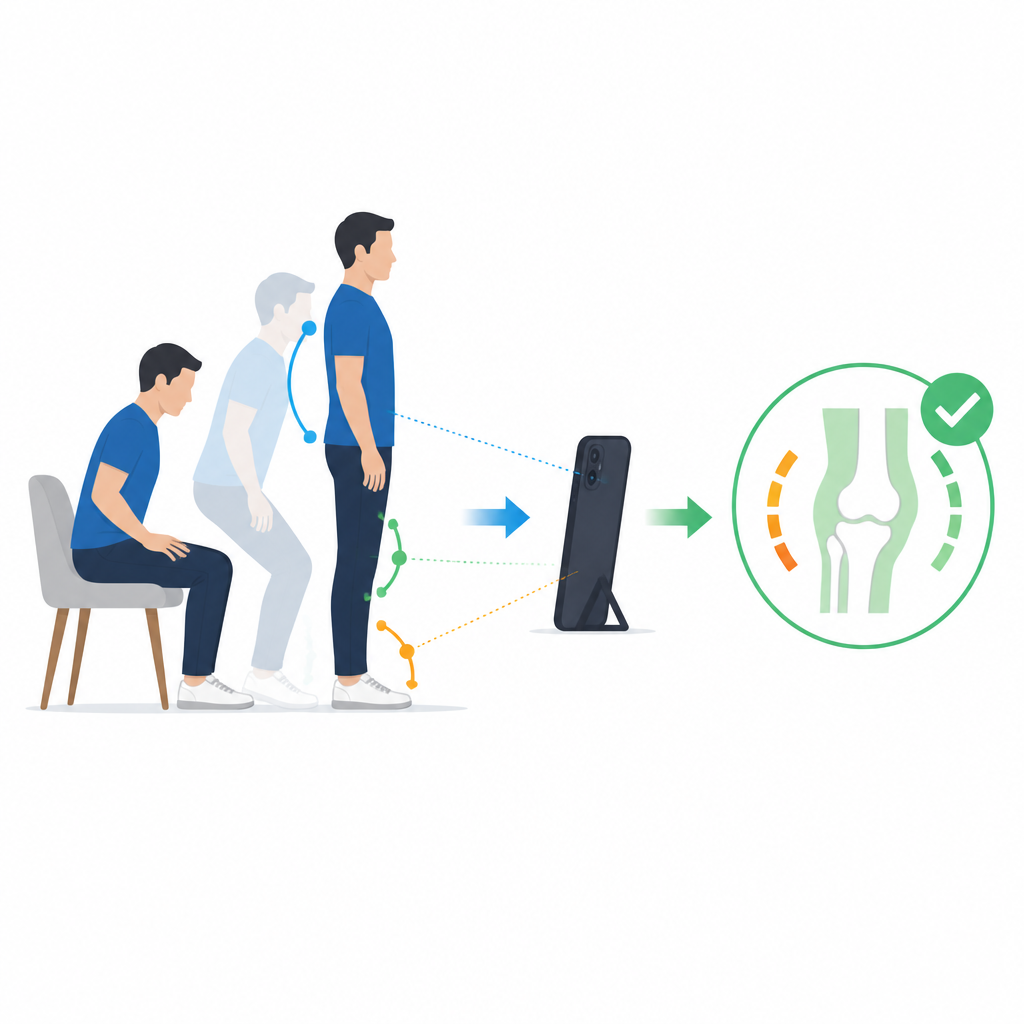 Figure 1. スマートフォンは立ち上がり動作を記録し、身体の動きのパターンから膝関節の総合的な健康状態を明らかにする。
