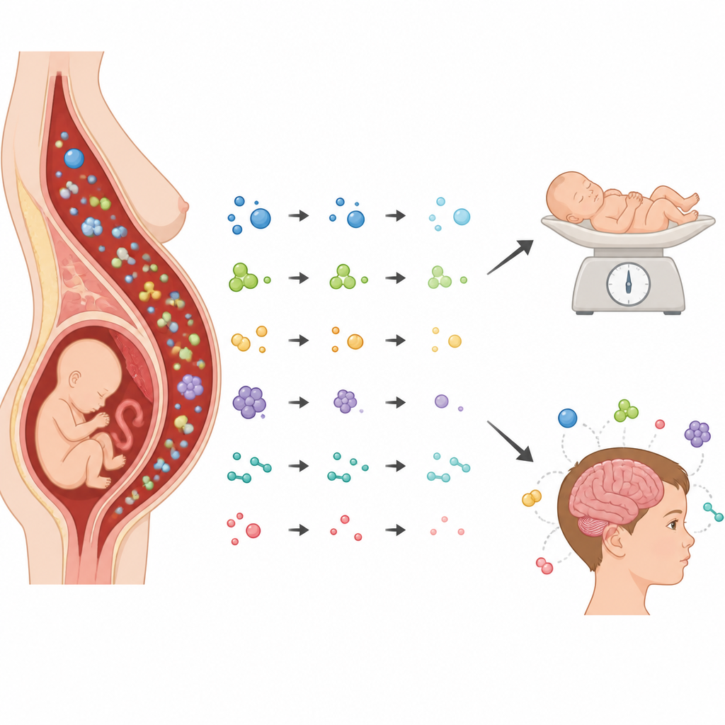 Figure 2. Visione passo dopo passo delle molecole ematiche materne che influenzano il peso alla nascita e le funzioni cerebrali nella prima infanzia.