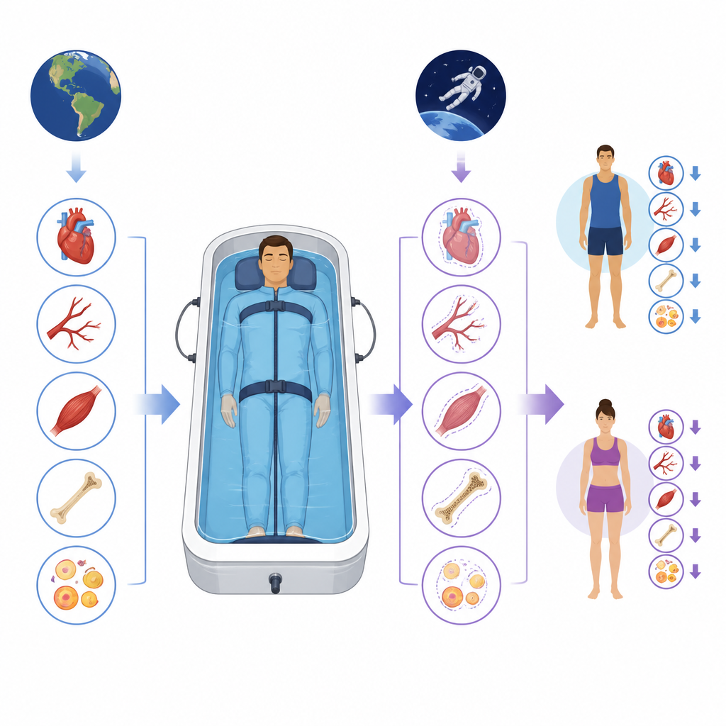 Figure 1. Beş günlük simüle ağırlıksızlığın kadınlar ve erkeklerde kalp, kan, kaslar, kemikler ve metabolizma üzerindeki etkileri
