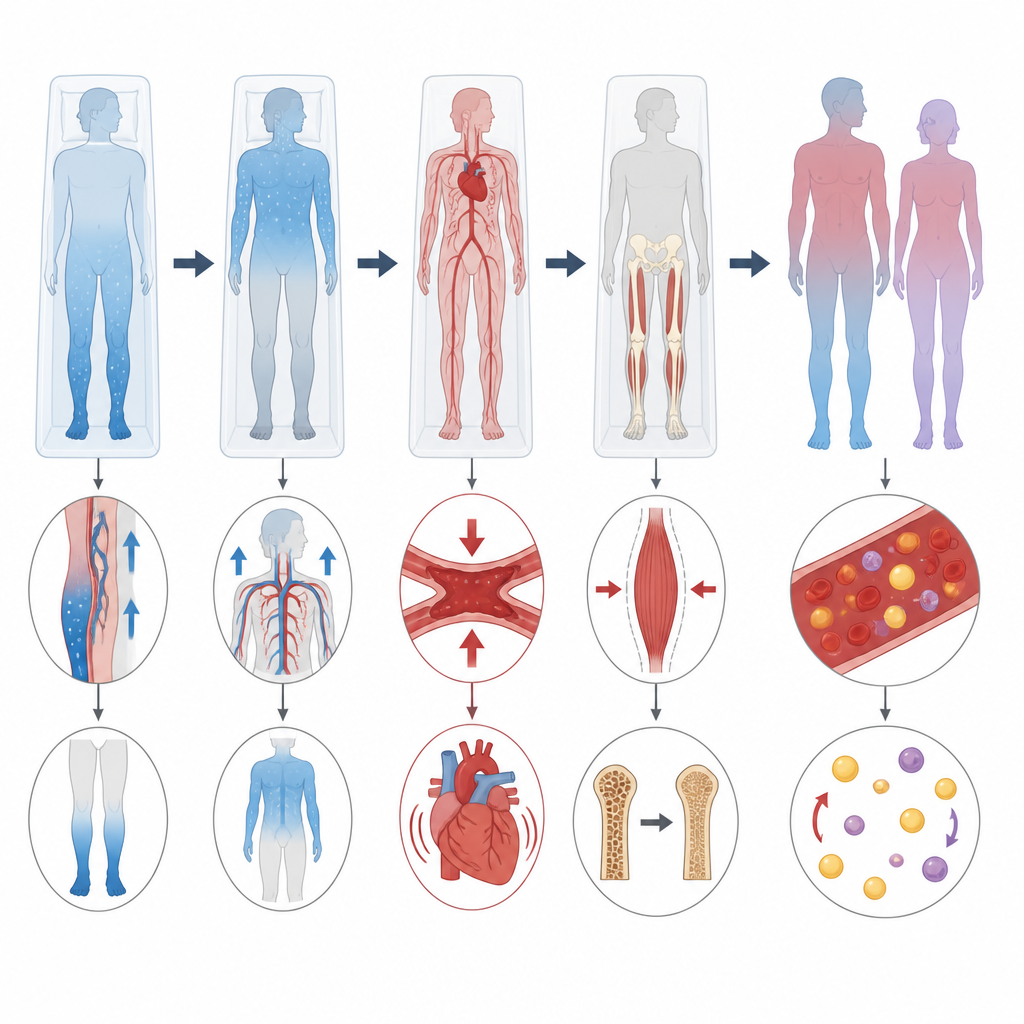 Figure 2. Beş günlük simüle ağırlıksızlık sırasında sıvılardaki, kalpteki, bacaklardaki, kan yağlarındaki ve şekerdeki adım adım değişimler