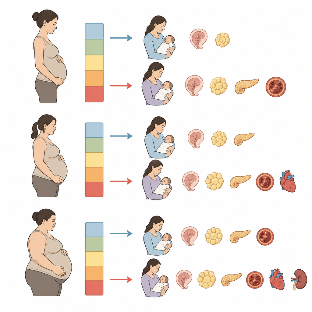 Figure 2. Diversi livelli di aumento di peso in gravidanza nel diabete gestazionale modificano l'equilibrio tra complicazioni materne e neonatali.