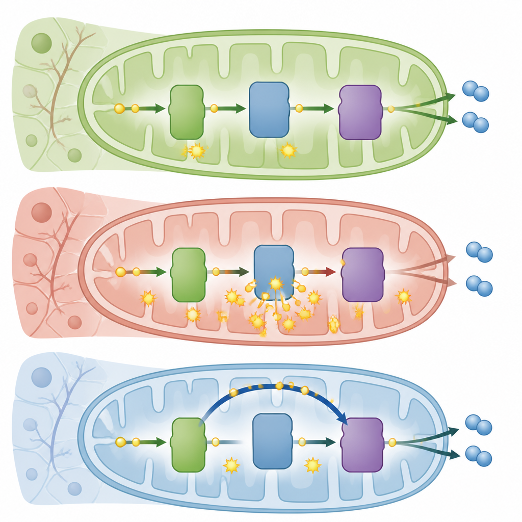 Figure 2. Hoe de elektronenstroom in mitochondriën verstoord raakt door warme schade en met een blauw kleurstof wordt omgeleid om het energiegebruik van de lever te herstellen.