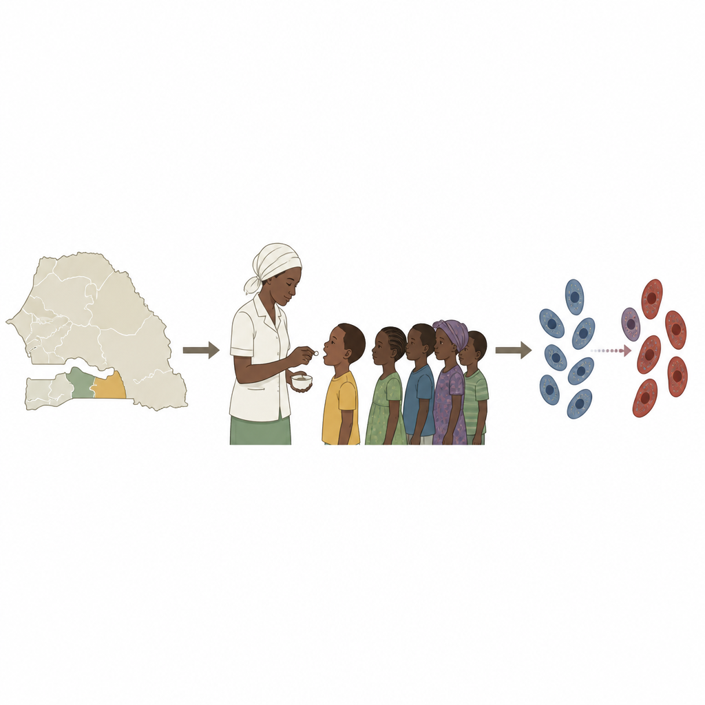 Figure 1. Längerfristig verabreichte Malariaprophylaxe im südlichen Senegal treibt genetische Veränderungen in der Parasitenpopulation voran.