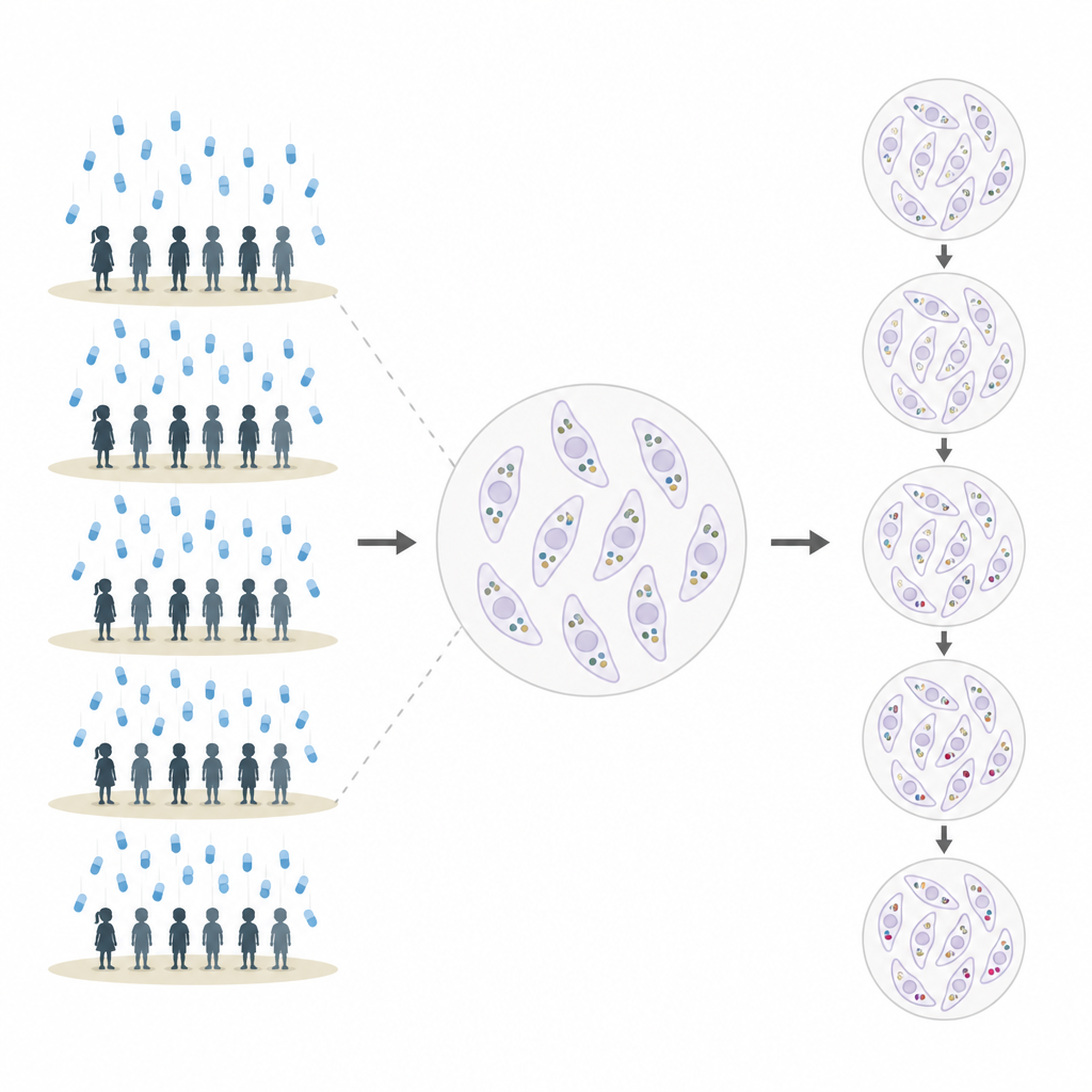 Figure 2. Wiederholte vorbeugende Malariabehandlungen erhöhen über mehrere Jahre allmählich den Anteil der Parasiten, die eine Schlüsselresistenzmutation tragen.