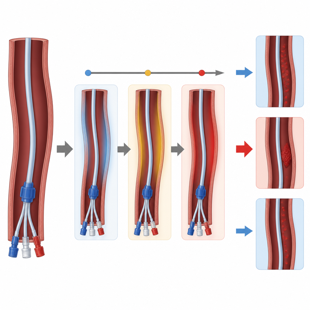 Figure 2. How changing catheter type, tumor site, and treatment shift day by day clot risk along a central vein over time.