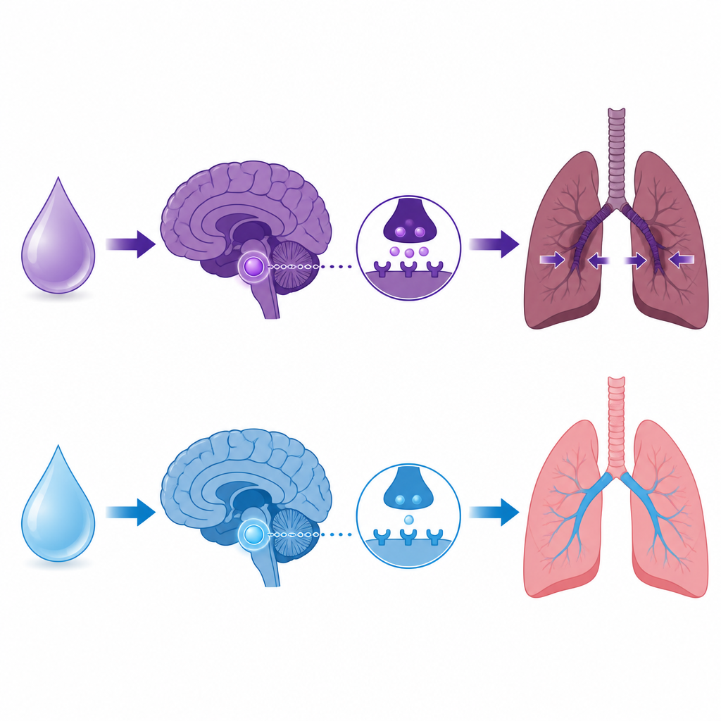 Figure 2. Cómo un analgésico más reciente modifica los efectos en el cerebro y los pulmones para reducir la ralentización respiratoria durante la anestesia ligera.
