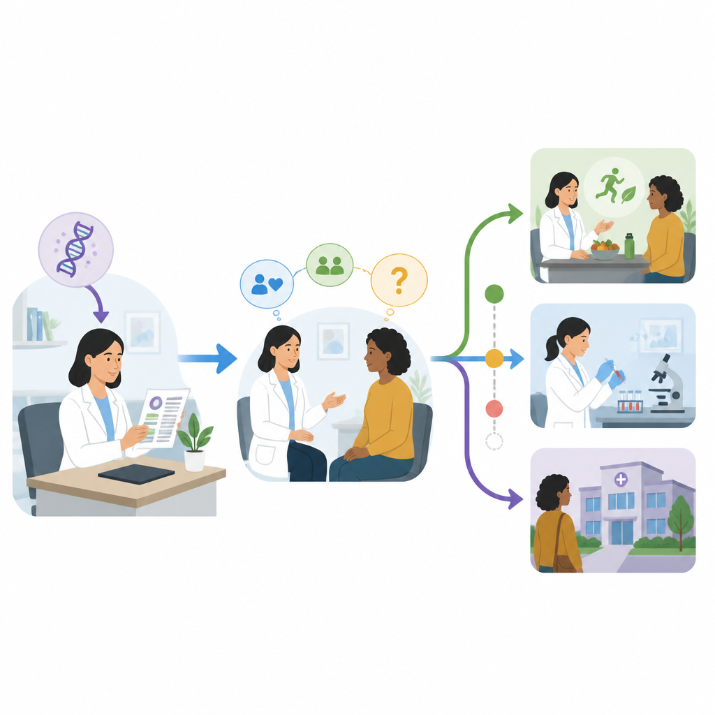 Figure 2. Come il personale della clinica riceve i risultati genetici, conversa con i pazienti e sceglie percorsi di follow-up diversi per la cura
