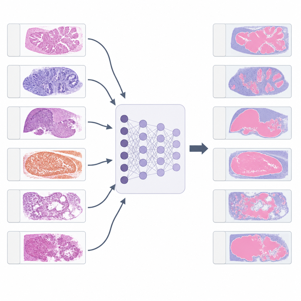 Figure 1. Una herramienta de mapeo tumoral por IA puede, con frecuencia, segmentar muchos tipos de cáncer distintos sin necesidad de reentrenamiento desde cero.