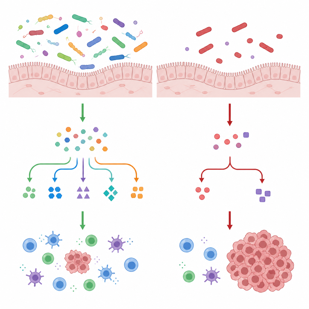 Figure 2. Different gut microbe mixes drive distinct chemical pathways that change immune attack on melanoma tumors