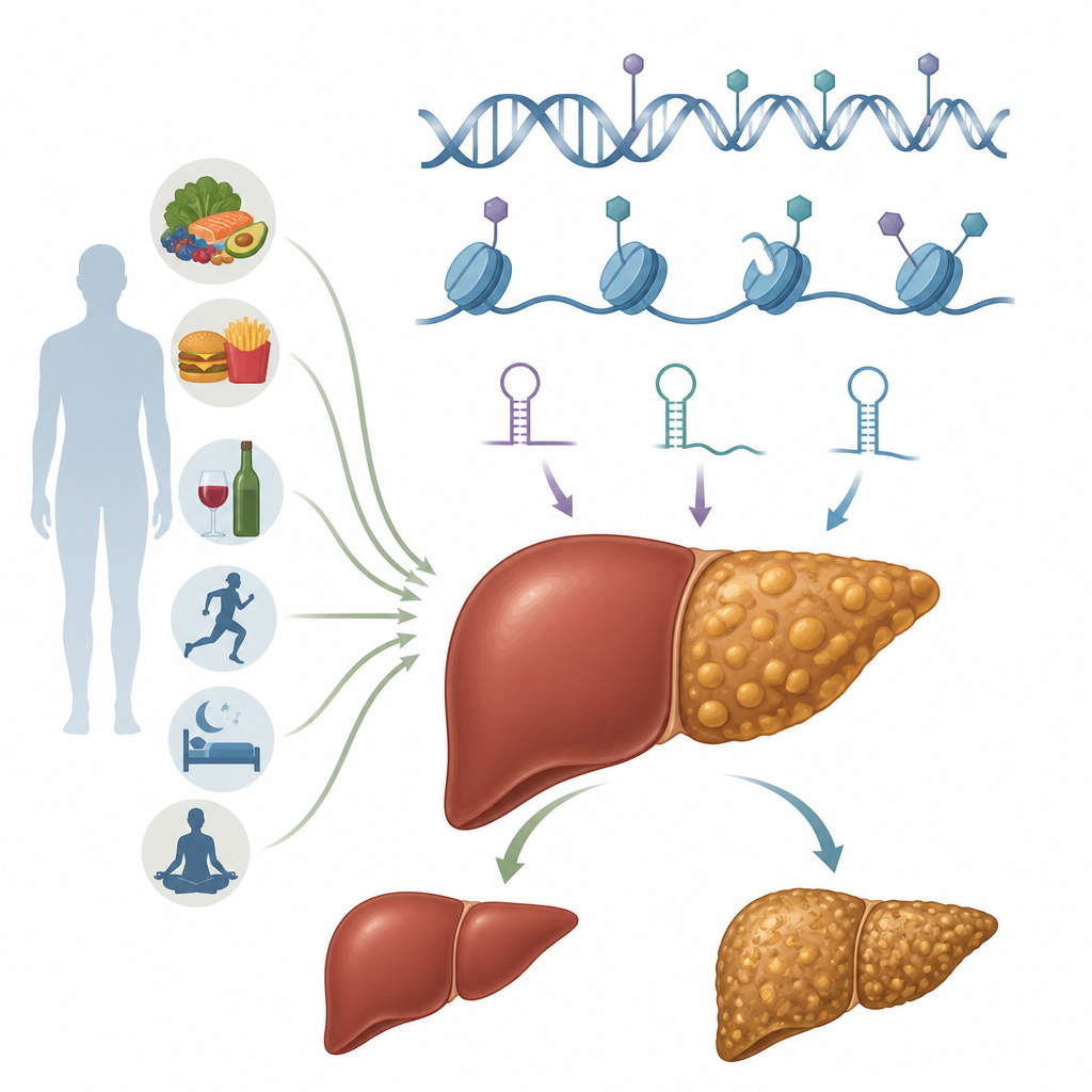 Figure 1. Hoe levensstijlgestuurde epigenetische signalen in levercellen de balans verschuiven tussen een gezonde en een vette lever.