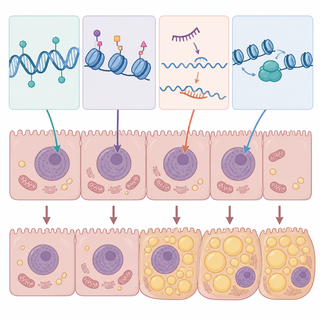 Figure 2. Hoe gelaagde epigenetische veranderingen binnen hepatocyten stap voor stap cellen drijven van normaal vetbeheer naar schadelijke vetoverbelasting.